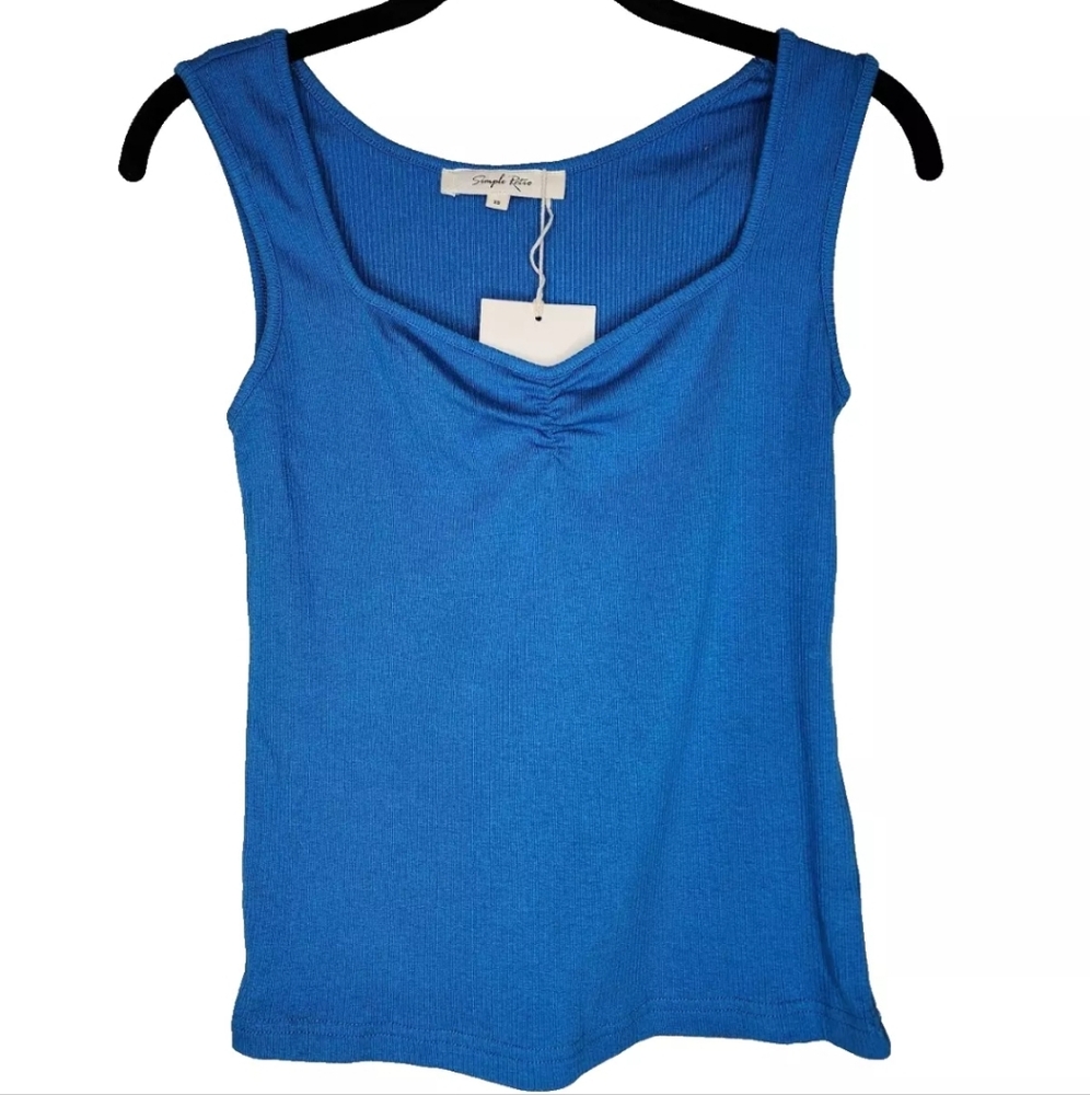 Simple Retro Ribbed Knit Top in Blue Size XS New With Tags